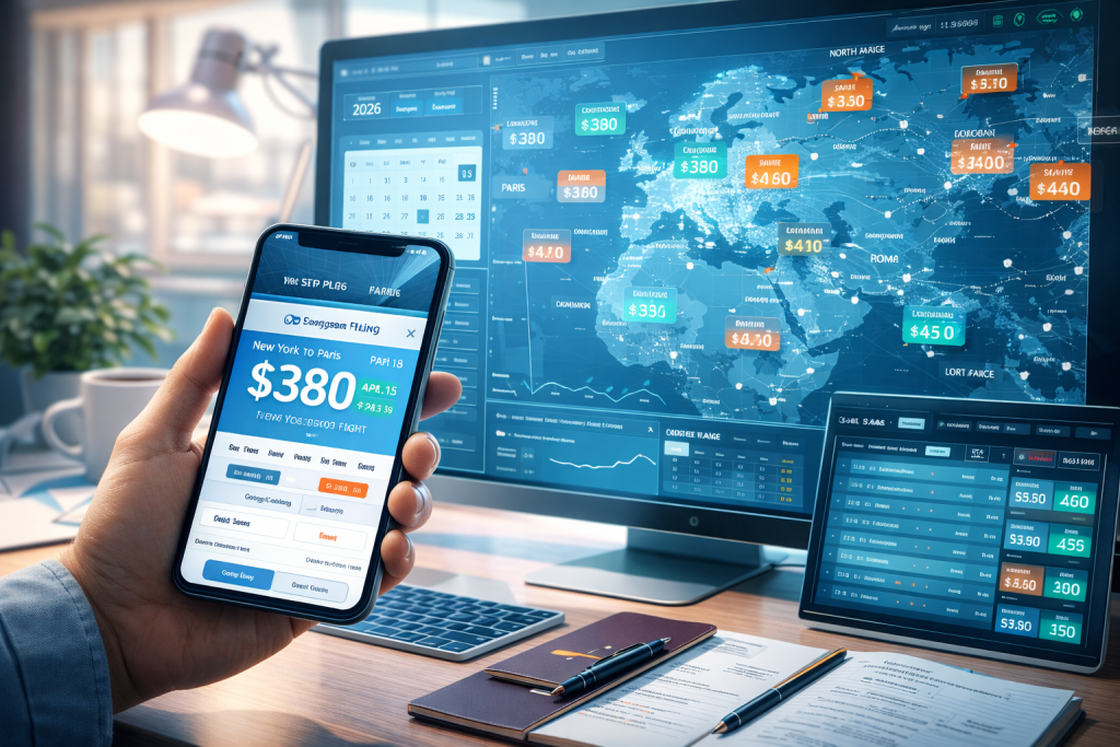Person using smartphone and computer to track cheap flight prices in 2026 with map and fare alerts