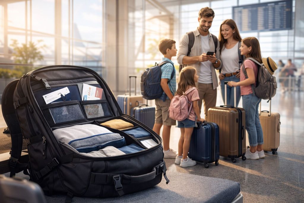 Family of five at an airport with organized carry-on backpacks and an open travel backpack showing packing cubes, passports, and boarding passes
