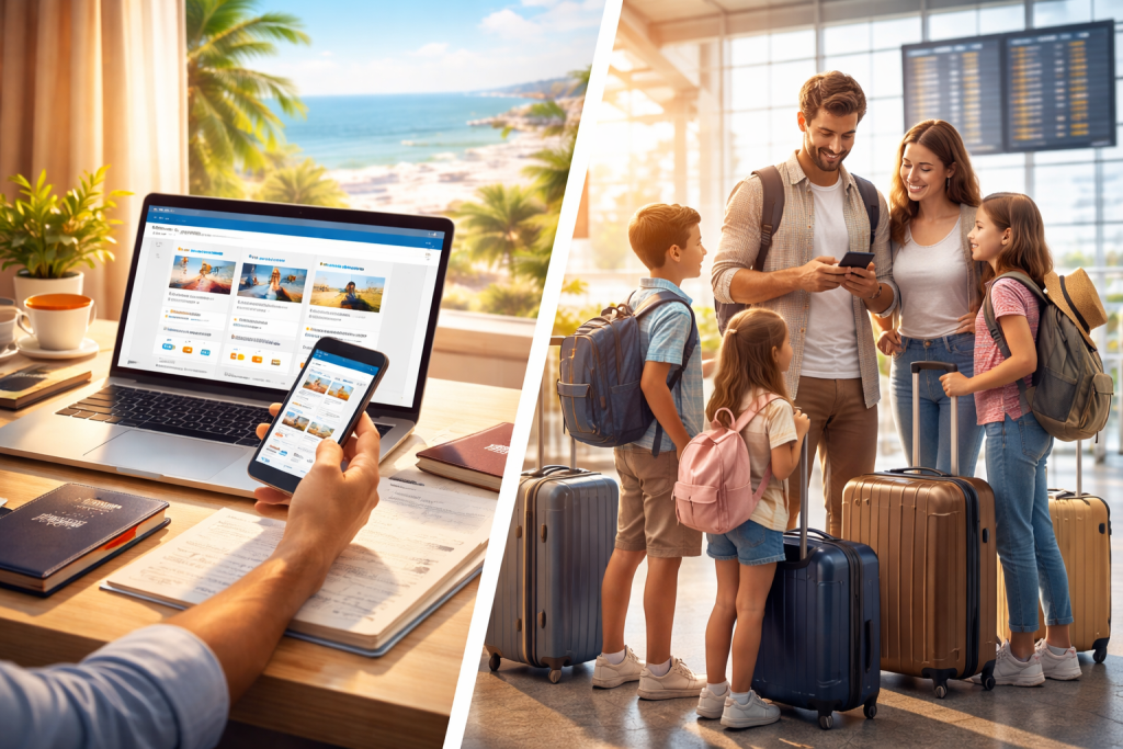 Split screen showing flight price search and family travel at airport
