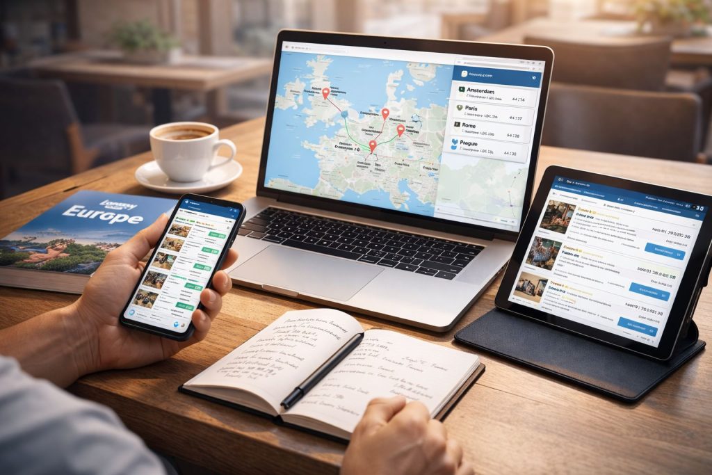 Traveler planning a multi-city trip on a laptop using maps, travel guides, and hotel booking tools.