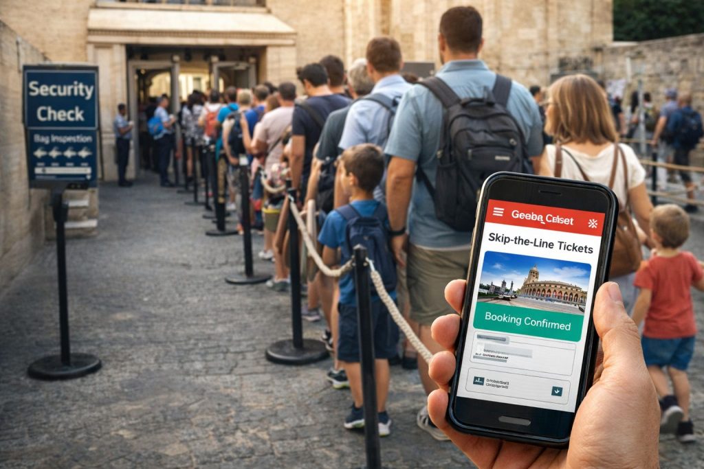 Family waiting in security line at popular tourist attraction despite having skip-the-line tickets