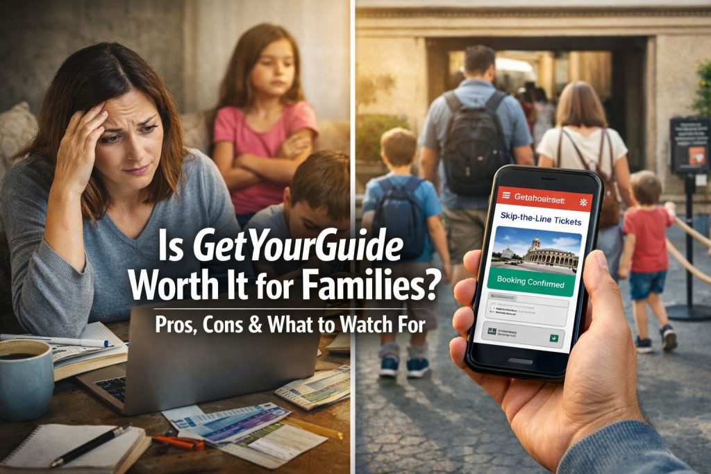 GetYourGuide review for families showing travel planning stress and skip-the-line mobile tickets at attraction entrance
