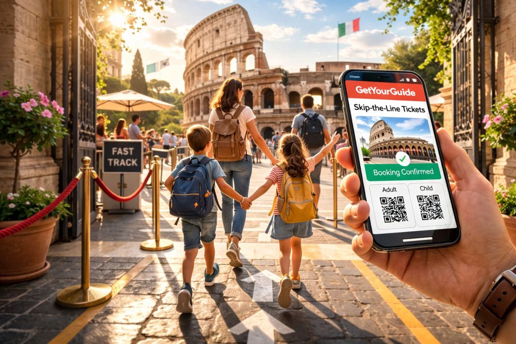 Parent using GetYourGuide app with digital tickets while entering attraction with children