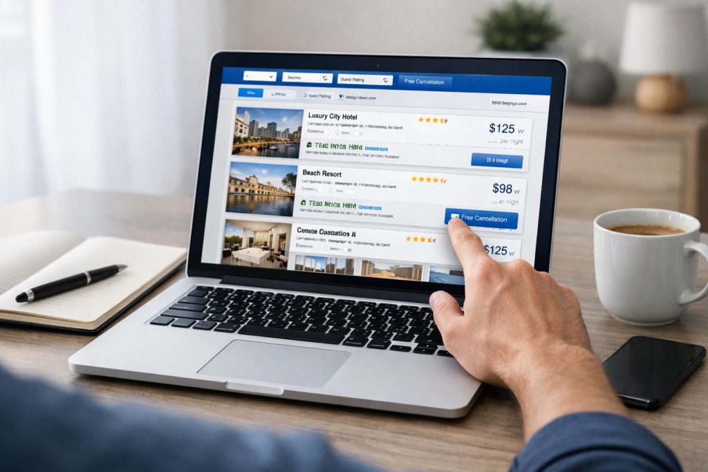 Review of Booking.com showing a traveler comparing hotel prices and cancellation policies on a laptop