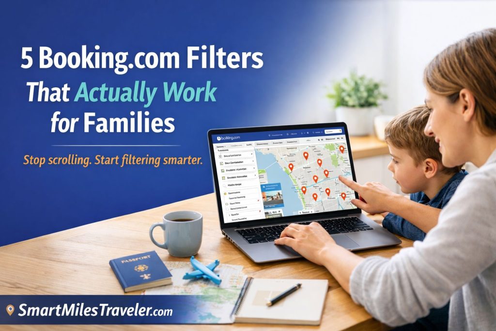 Parents using Booking.com filters on a laptop to find family friendly accommodation for a trip