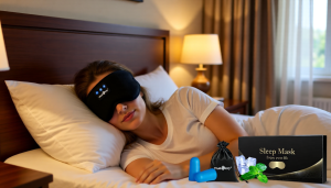 Woman in hotel room enjoy relaxing music through her noise cancelling sleep mask