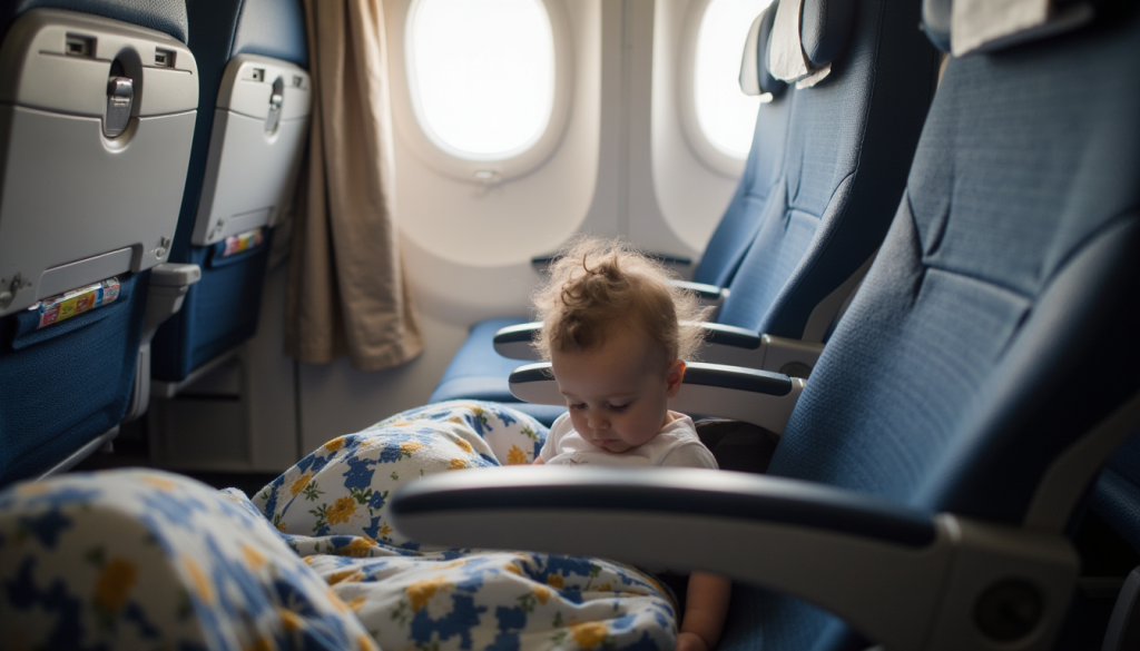 Baby sitting quietly on plane seat