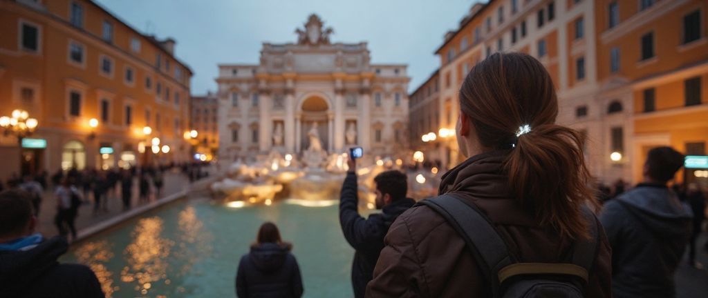 Tourists at Trevi Fountain at dusk.