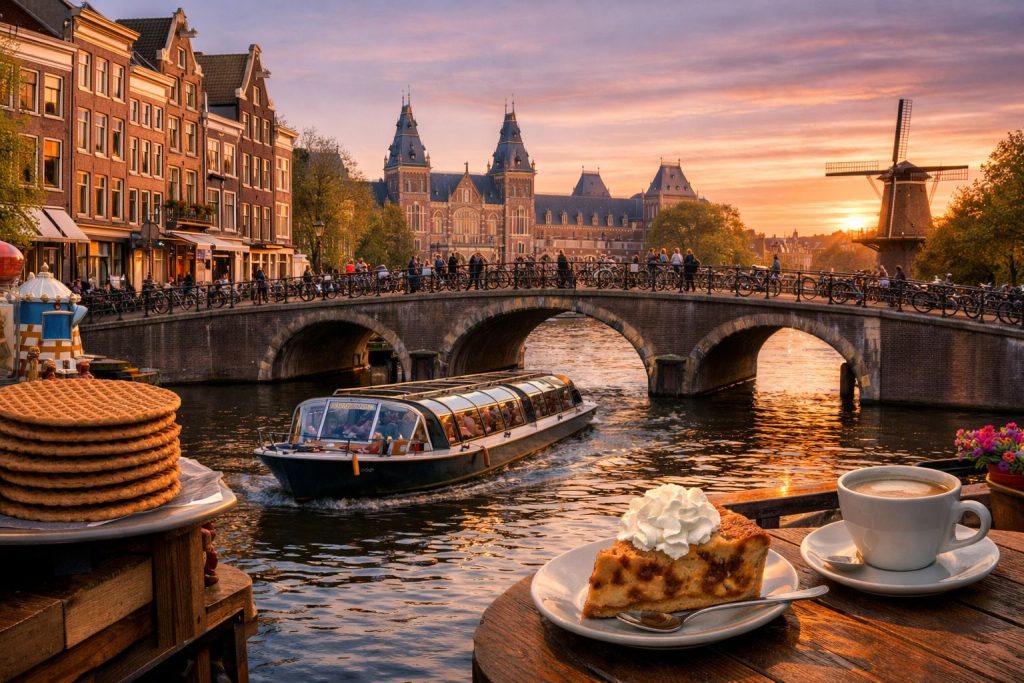 48 hours in Amsterdam itinerary featuring canal cruise, Dutch food, and historic city views at sunset