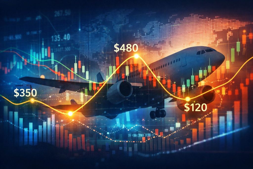 Stylized airplane silhouette overlaid with colorful stock‑market graphs to illustrate dynamic airline pricing algorithms.