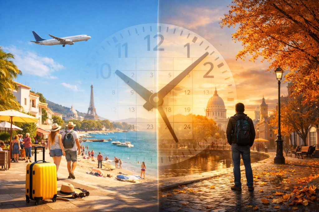 Best Times to Visit 2026 concept image showing split-season travel with sunny summer beach on one side and quiet autumn city on the other, with calendar overlay and traveler planning trip timing