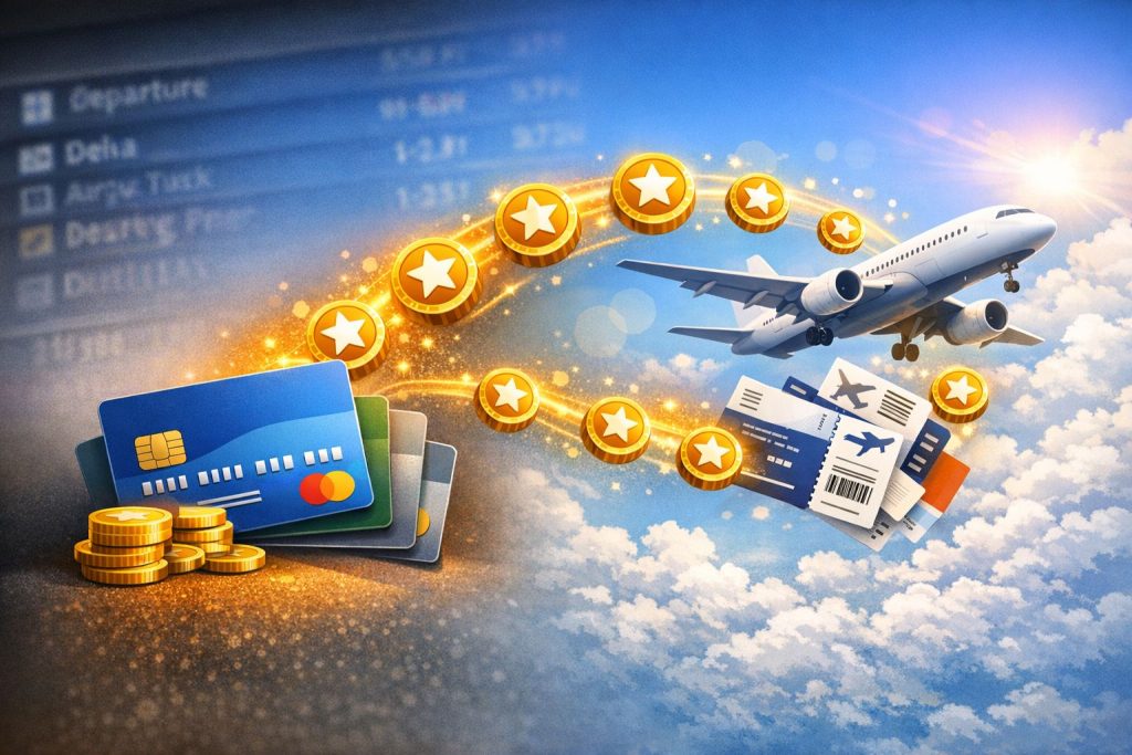 Credit cards generating golden points that transform into airline tickets, symbolizing how travel‑reward points can slash the cost of flights.