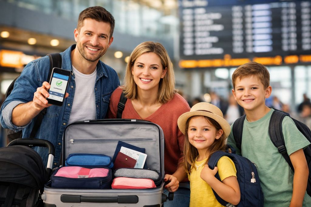 Family preparing for travel at airport.