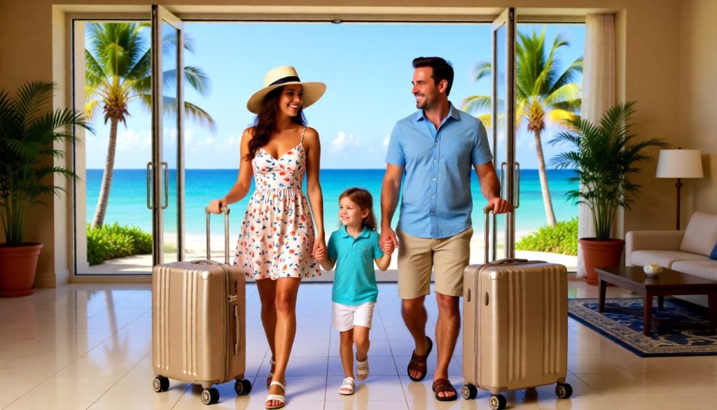 Smiling family arriving at a tropical beach resort with matching CALPAK luggage, illustrating a family holiday for a CALPAK luggage review and travel guide.