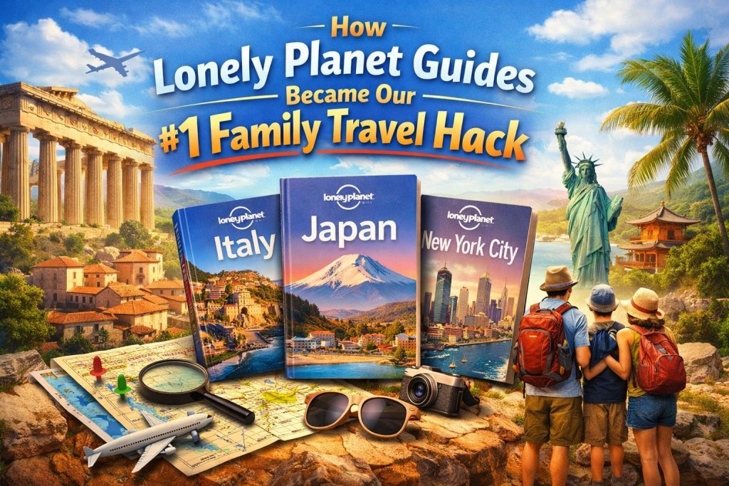 Family using Lonely Planet travel guides to plan an international vacation with maps, landmarks, and travel gear illustrating a practical family travel hack.