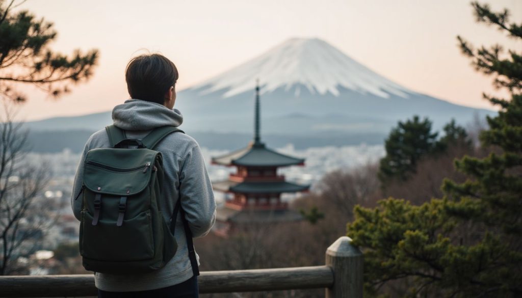 Japan budget travel 2026 concept showing backpacker overlooking Mount Fuji and pagoda, representing affordable travel experience under $1000