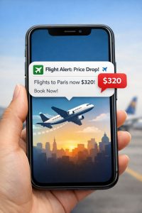 Smartphone screen showing a flight‑booking app with a “Price Drop” notification and an airplane icon, representing the benefit of setting fare alerts.