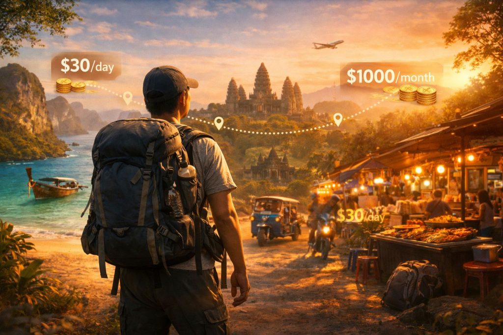 Southeast Asia Backpacking Costs visual showing budget traveler overlooking tropical beach, temple, and street market with $30 per day and $1000 per month travel cost concept