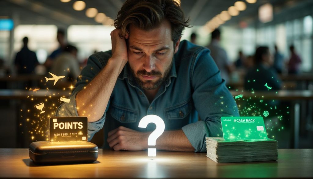 Traveler sitting at an airport table, debating between a glowing points rewards card and a cashback credit card with a bright question mark between them, illustrating the pros and cons of travel credit cards.