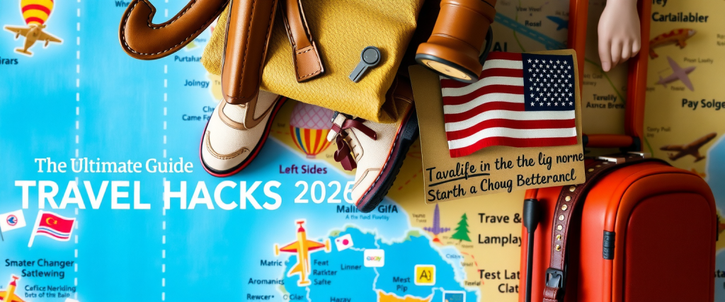 travel hacks 2026 guide with suitcase, passport, map and travel gear illustrating smart travel tips and planning for international trips
