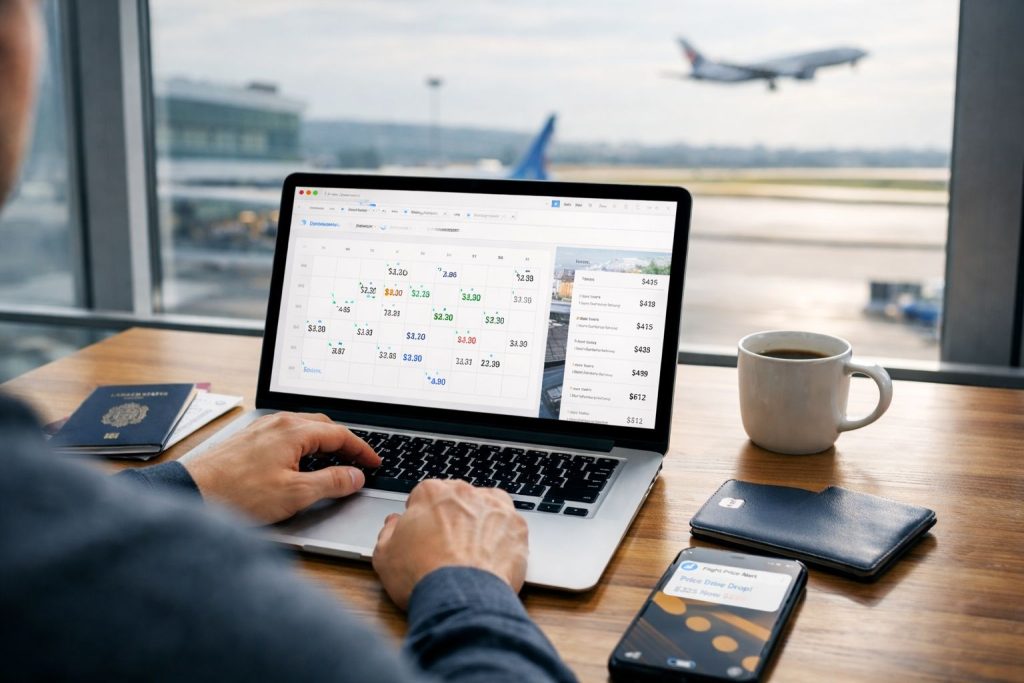 Traveler comparing cheap flights on laptop with flexible date calendar and price alert on smartphone at airport terminal window.