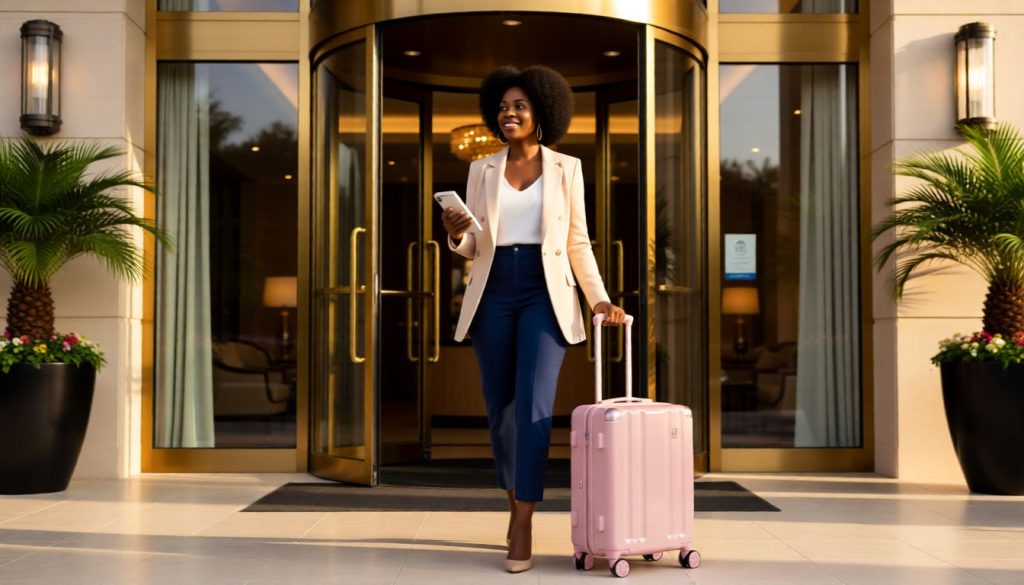 Woman at hotel With Calpak Ambeur Suitcase