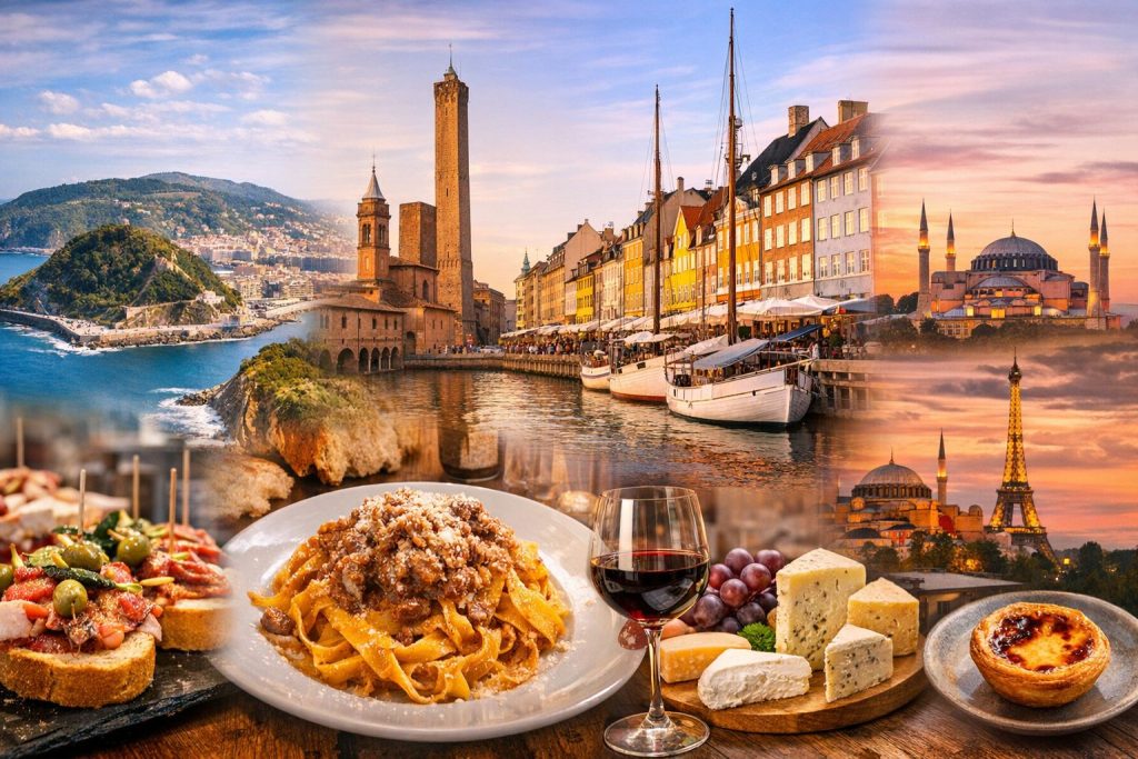 best food cities in Europe featuring iconic dishes, wine, and famous culinary destinations like Italy, Spain, and France