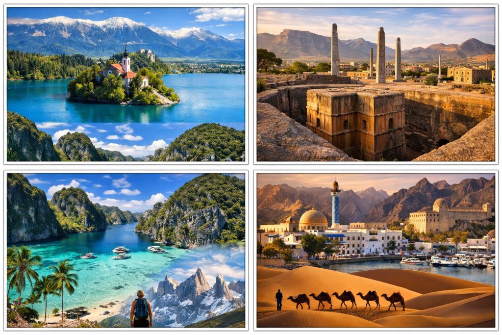 emerging destinations 2026 featuring hidden travel spots with beaches mountains deserts and cultural cities around the world