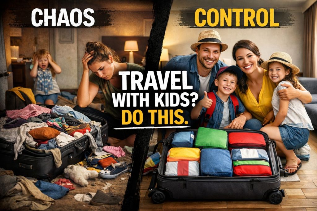 family travel guide with organized packing cubes and kids preparing luggage for a stress-free trip