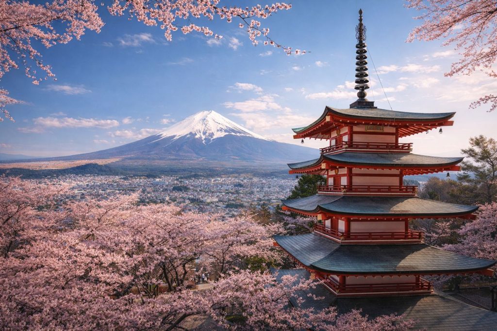 Japan first-timer guide featuring Mount Fuji, cherry blossoms, and Chureito Pagoda for first-time visitors