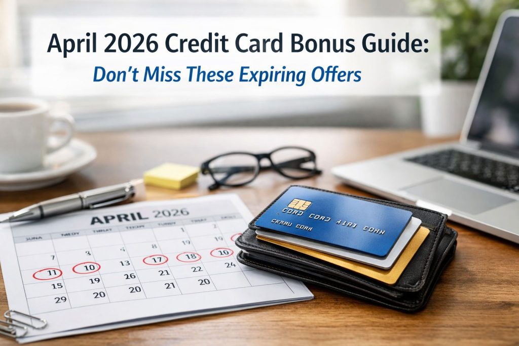 Credit Card Bonus Guide concept showing wallet with credit cards on April 2026 calendar with marked dates, representing expiring credit card bonus offers and rewards deadlines on a clean desk setup