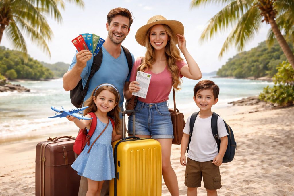 A happy family of four standing on a tropical beach with luggage, parents holding credit cards and travel documents, preparing for a vacation together